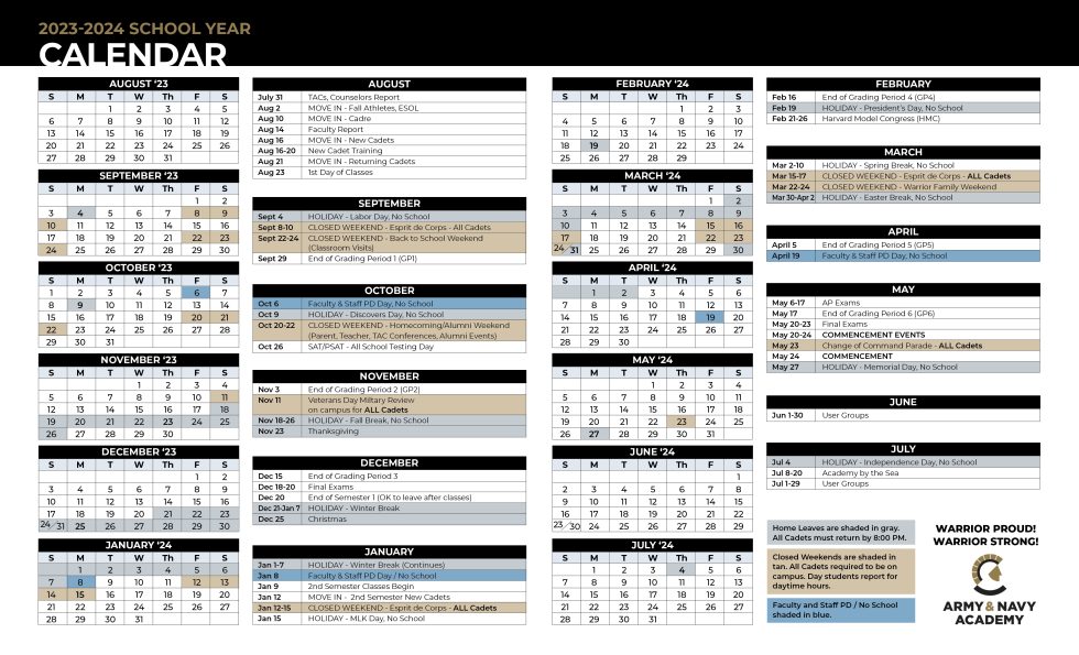 20232024 Master Calendar Army And Navy Academy