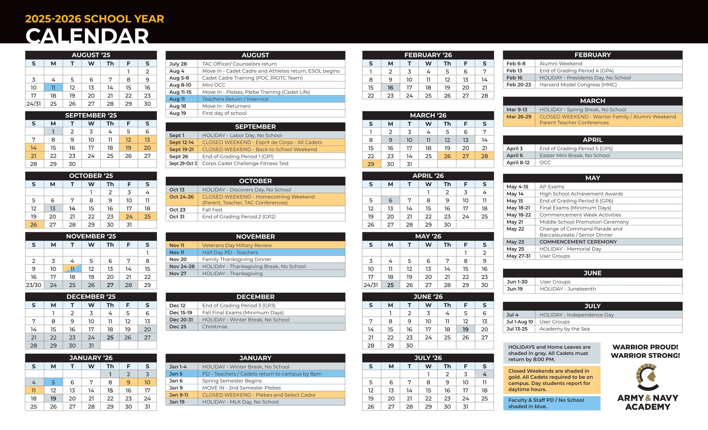 2025-2026 Army and Navy Academy Master Calendar